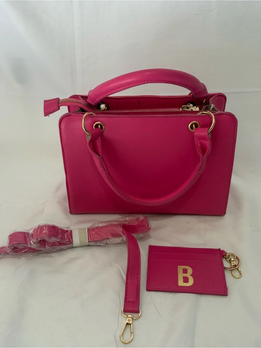 bebe Quilted Satchel in Hot Pink with Gold 'B' Hardware
